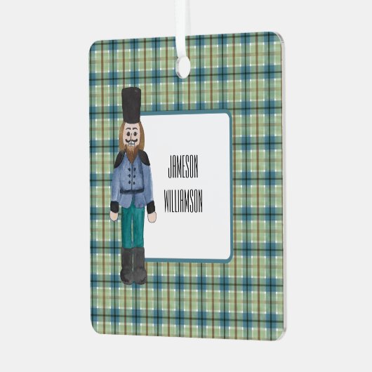 Plaid上の青と緑のくるみ割り メタルオーナメント (正面左)