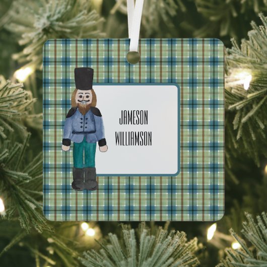 Plaid上の青と緑のくるみ割り メタルオーナメント (インサイチュ)