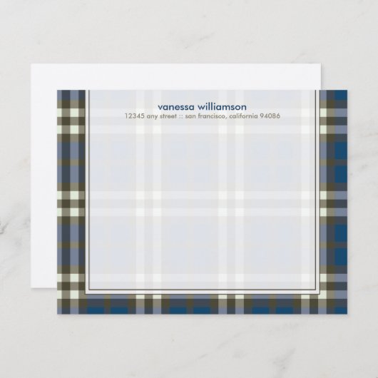 Plaid名門私立校風のカスタムフラットノートカード(ネイビー) 招待状 (正面/裏面)