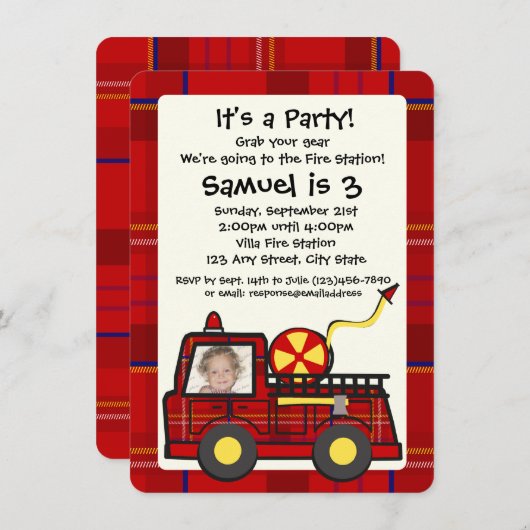 Plaid消防車の誕生日（写真付） 招待状 (正面/裏面)