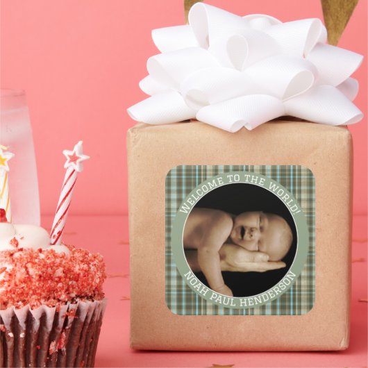 Plaid男の赤ちゃん写真シール スクエアシール (パーティー)