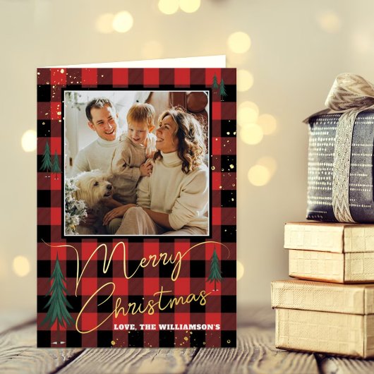 Plaid素朴 Christmas Tree Forest写真実在 箔グリーティングカード