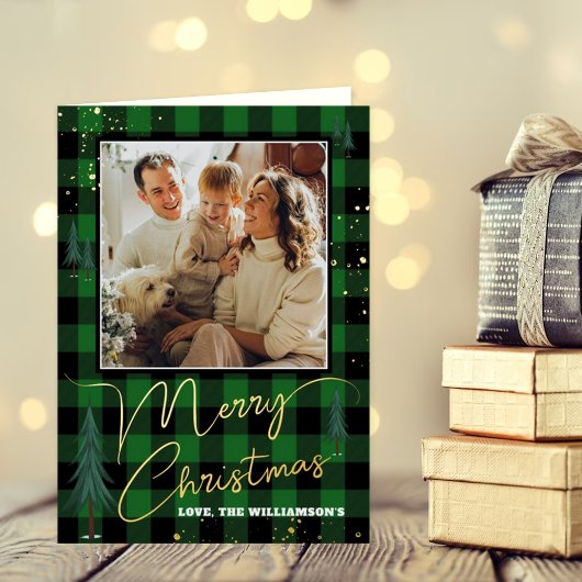 Plaid素朴 Christmas Tree Forest写真実在 箔グリーティングカード