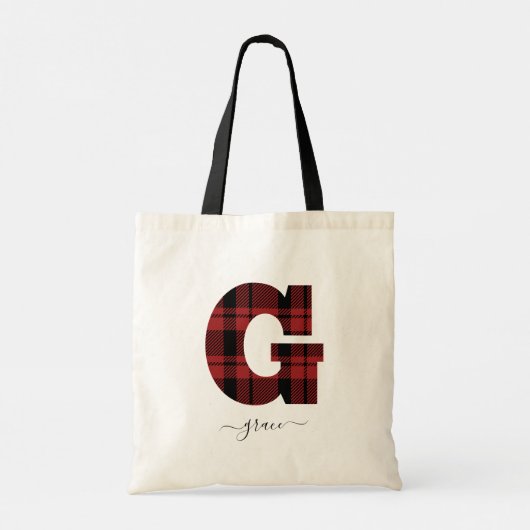 Plaid赤と黒のモノグラム文字"G" トートバッグ (裏面)