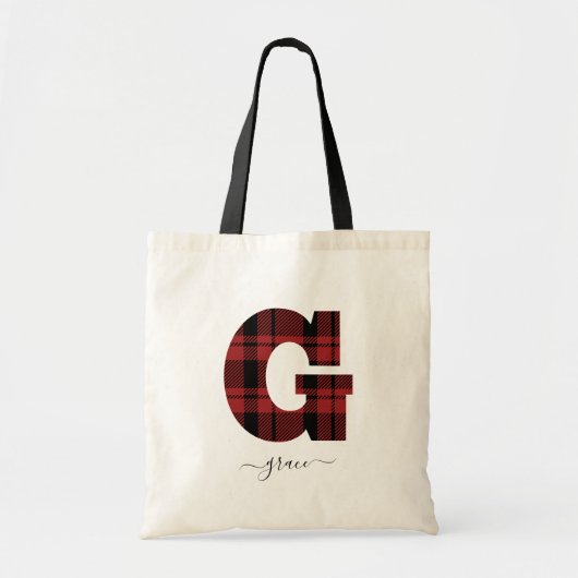 Plaid赤と黒のモノグラム文字"G" トートバッグ (正面)