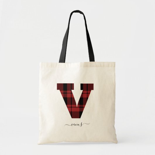 Plaid赤と黒のモノグラム文字"V"名 トートバッグ (正面)