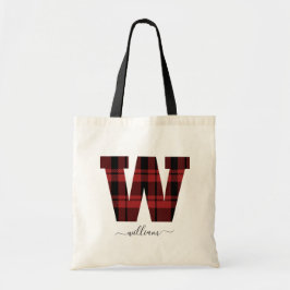 Plaid赤と黒のモノグラム文字"W"名 トートバッグ