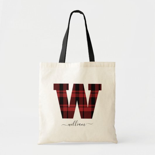 Plaid赤と黒のモノグラム文字"W"名 トートバッグ (正面)