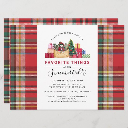 Plaid赤素朴クリスマスギフトスワップパーティー 招待状 (正面/裏面)