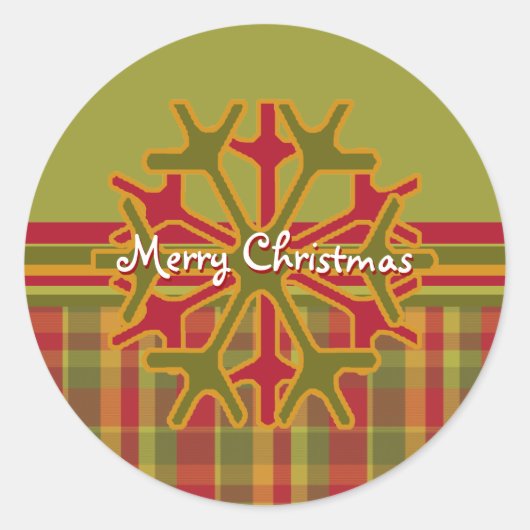 Plaid & ストライプSnowflakeステッカーレッドグリーンタン ラウンドシール (正面)