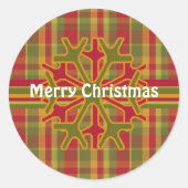 Plaid & ストライプSnowflakeステッカーレッドグリーンタン ラウンドシール (正面)