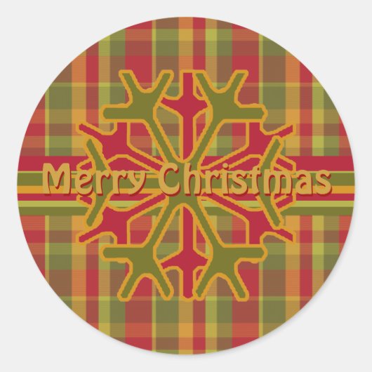 Plaid & ストライプSnowflakeステッカーレッドグリーンタン ラウンドシール (正面)