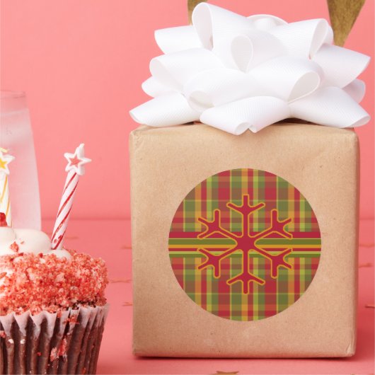 Plaid & ストライプSnowflakeステッカーレッドグリーンタン ラウンドシール (パーティー)