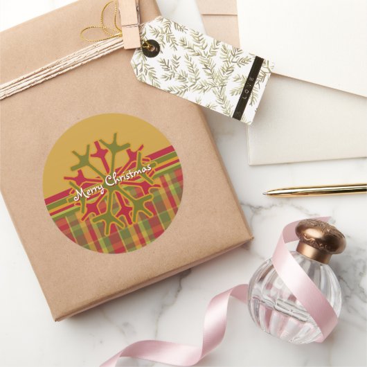 Plaid & ストライプSnowflakeステッカーレッドグリーンタン ラウンドシール (ギフト)