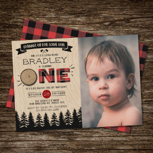 Plaid 素朴 Lumberjack Boys 1st Birthday Photo 招待状