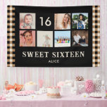 Plaid 16th Birthday Partyフォトコラージュのバナー 横断幕<br><div class="desc">16th Birthday Partyのカスタム独自のフォトコラージバナーを作成する。テンプレートは、名前をカスタムする、年齢、写真を追加するように設定されお気に入りのている。写真は自動的にフォトコラージュとして表示される。バナーにはボホスタイルとレトロモダンなチェッカーボードが黒、金ゴールド、クリームで飾られている。バースデーバナーは「Sweet sixteen」と16歳の可愛い台本の書道のタイポグラフィが完備されている。</div>