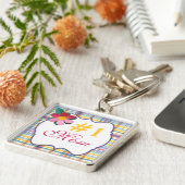 Plaid #1 Mom Keychain上のピンクと黄色のフローラ キーホルダー (側面)