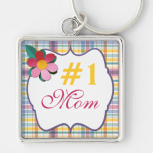 Plaid #1 Mom Keychain上のピンクと黄色のフローラ キーホルダー