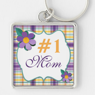 Plaid #1 Mom Keychain上の紫と黄色のフローラ キーホルダー