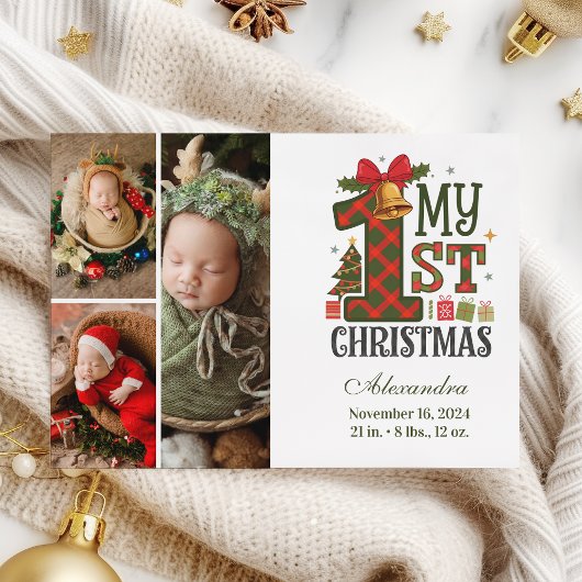 Plaid 3フォト素朴初めてのクリスマス シーズンカード