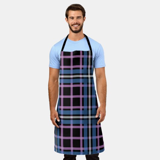 Plaid Apron – Blue & Lavender Checkered Kitchen エプロン (着用した状態)