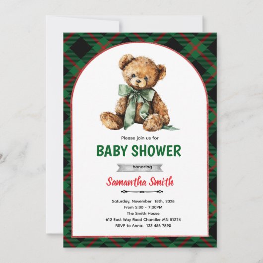 Plaid Bear Baby Shower invitation 招待状 (正面)