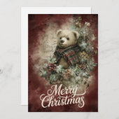 Plaid Bear & Poinsettia Wreath シーズンカード (正面/裏面)