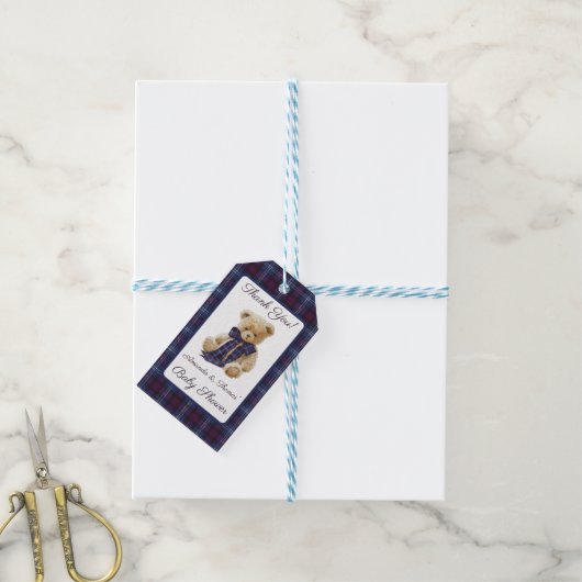 Plaid Bear Themed Baby Shower Thank You ギフトタグ (より糸付き)