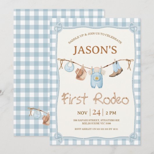 Plaid Blue Clothesline Western Rodeo 1st Birthday 招待状 (正面/裏面)