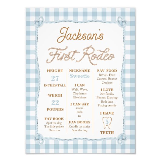 Plaid Blue First Rodeoマイルストーン誕生日ポスター フォトプリント (正面)