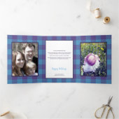 Plaid Blue Purpleシックな国素朴4写真 三つ折りクリスマスカード (内部)