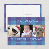 Plaid Blue Purple 3フォトコラージュクリスマス ポストカード (正面/裏面)