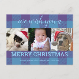Plaid Blue Purple 3フォトコラージュクリスマス ポストカード