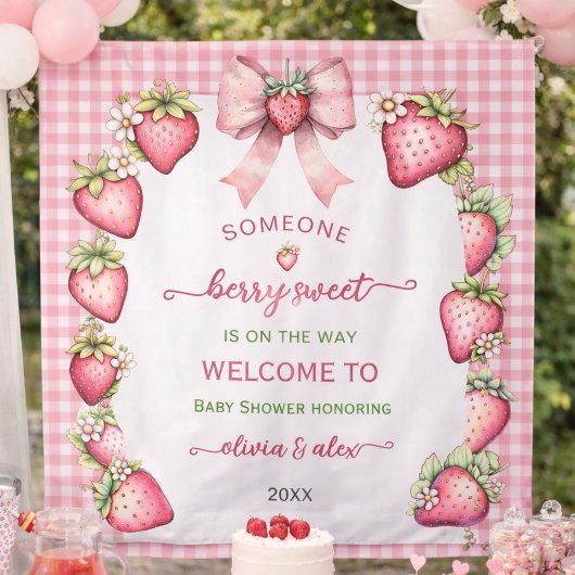 Plaid bow berry sweet baby shower backdrop  タペストリー
