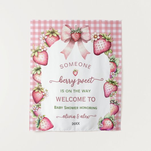 Plaid bow berry sweet baby shower backdrop  タペストリー (正面)