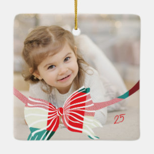 Plaid Bow Yearly Keepsake Photosクリスマス セラミックオーナメント