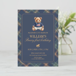 Plaid Boy Teddy Navy Tartan Bear 1st Birthday 招待状