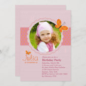 Plaid Butterfly Photo Birthday Party招待 招待状 (正面/裏面)