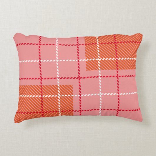Plaid Checkered Fabric Pattern in pink, pale oran アクセントクッション (正面)