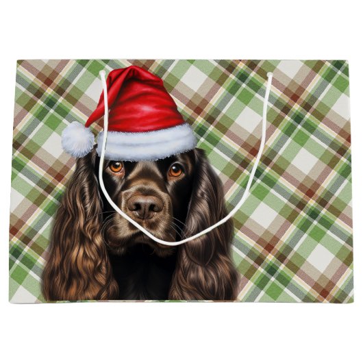 Plaid Christmas Chocolate Cocker Spaniel Dog  ラージペーパーバッグ (正面)