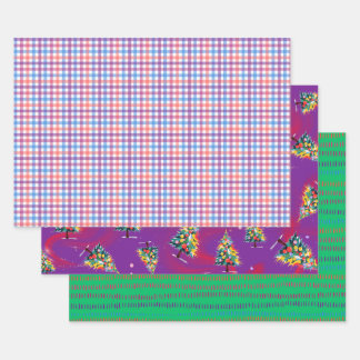 Plaid, Christmas Trees, & Green Dash, 3-Pack Matte ラッピングペーパーシート