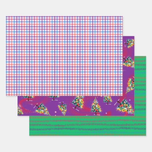 Plaid, Christmas Trees, & Green Dash, 3-Pack Matte ラッピングペーパーシート (セット)