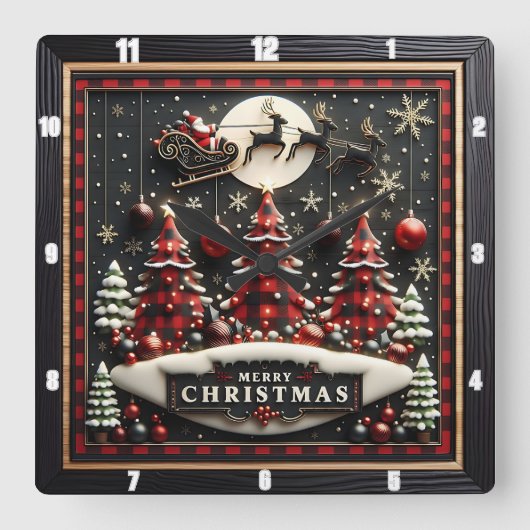 Plaid Christmas Trees Santa Sleigh スクエア壁時計 (正面)