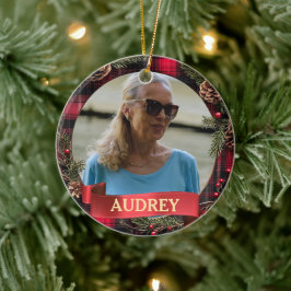 Plaid Christmas Wreath ANY Photo Tree Ornament セラミックオーナメント