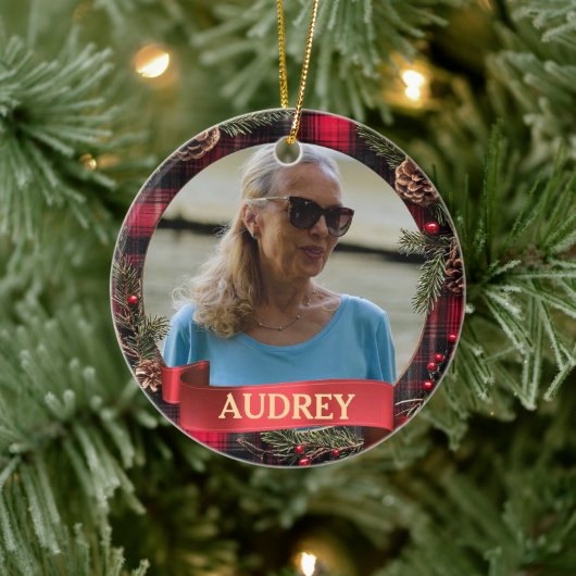 Plaid Christmas Wreath ANY Photo Tree Ornament セラミックオーナメント (ツリー)