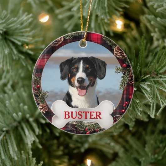 Plaid Christmas Wreath Dog Photo Tree Ornament セラミックオーナメント (ツリー)