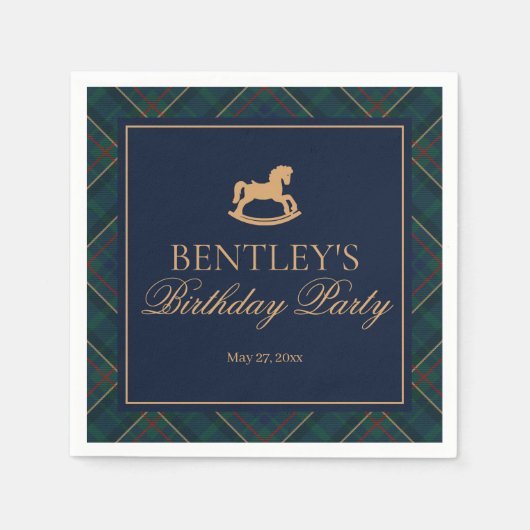 Plaid Classic Rocking Horse Birthday Party Dessert スタンダードカクテルナプキン (正面)