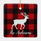 Plaid Deer Family Name Christmas Keepsake Ornament セラミックオーナメント (裏面)