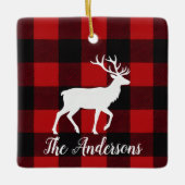 Plaid Deer Family Name Christmas Keepsake Ornament セラミックオーナメント (正面)