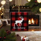 Plaid Deer Family Name Christmas Keepsake Ornament セラミックオーナメント